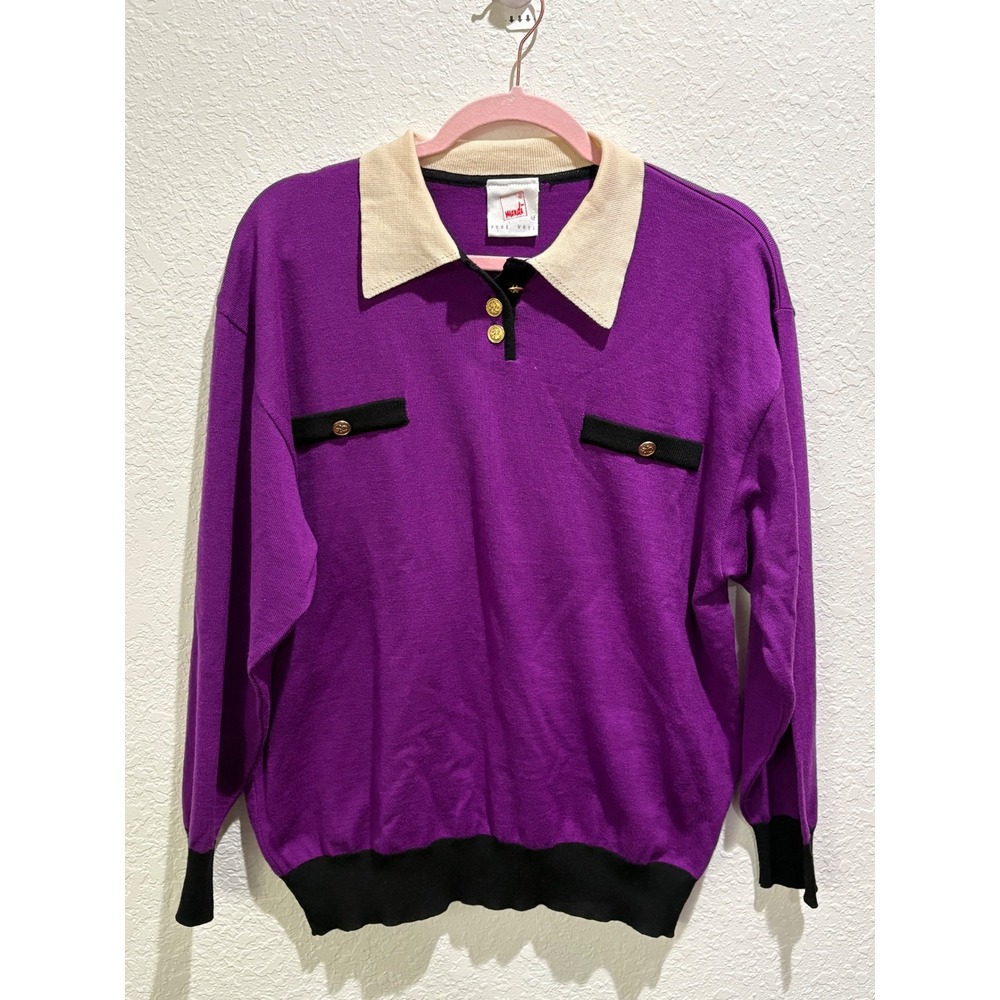 Mondi Vintage Wool Knit Preppy Collared Purple Gold Button Women Sweater SIZE LG